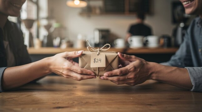 Hands exchanging a gift box with $29 tag in a cafe