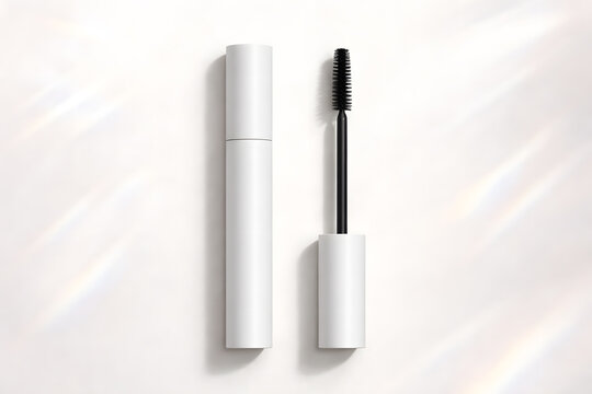 White Mascara Tube with Black Wand Mockup on Soft Prism Light Background
