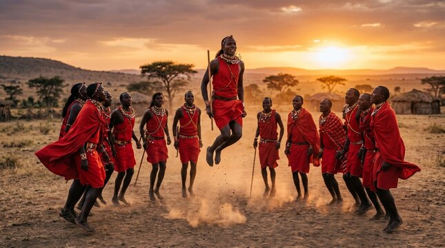 Maasai men in vibrant red sh&uacute;k&agrave; robes performing the traditional adumu jumping dance in the savannah during a golden sunset