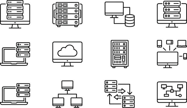 Twelve server and networking icons featuring computers, databases, cloud computing, and connections in modern black‑and‑white vector design style