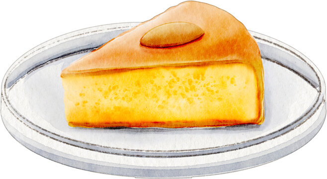 Watercolor illustration of a basbousa slice on a plate