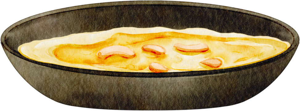 Watercolor illustration of creamy hareesa dessert in a bowl