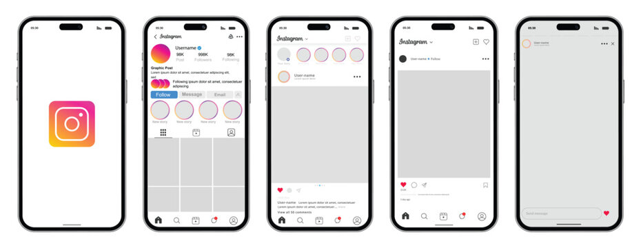 Instagram app screens showing profile feed story chat mockup
