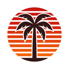 Logo atardecer tropical. Dibujo minimalista de la silueta de una palmera en un círculo formado por franjas horizontales de tonos rojizos. © teracreonte