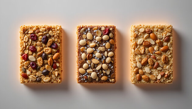 Three Granola Bars with Nuts and Dried Fruits on Gray Background