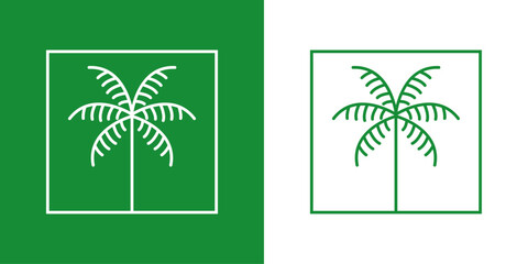 Logo paraíso tropical. Dibujo minimalista con líneas de una palmera en un cuadrado en colores verde y blanco  © teracreonte