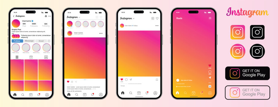 Instagram app mockup displaying social media interface screens