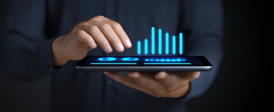 Professional exploring a tablet like a treasure map of holographic sales metrics and data visualization charts.