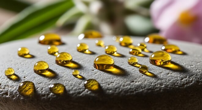 Cistus essential oil drops resting on a smooth grey stone with soft focus natural background, showcasing aromatherapy, wellness, and skincare concept