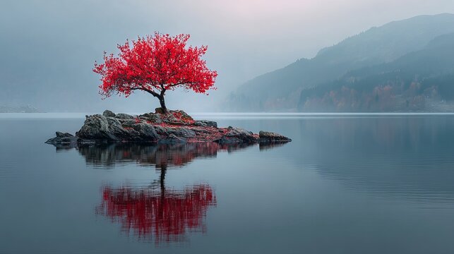 A lone red tree stands on a rocky island in a serene lake surrounded by misty mountains