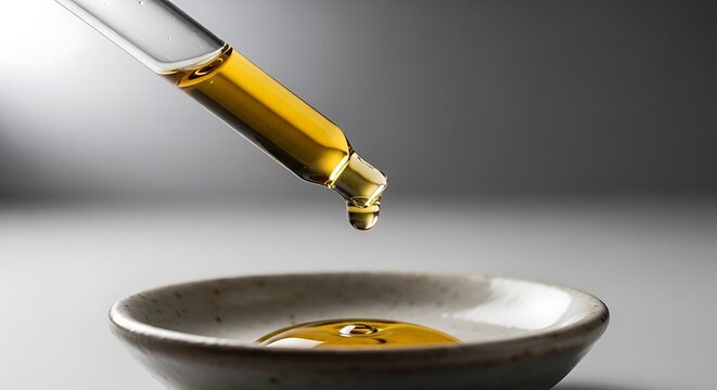 A glass dropper dispensing golden cistus essential oil into a small ceramic bowl for aromatherapy, holistic wellness, and organic skincare treatments