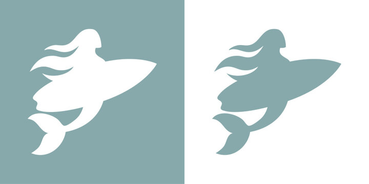 Logo club de surf. Dibujo minimalista de la silueta de una sirena con una tabla de surf en versiones color gris y blanco 
