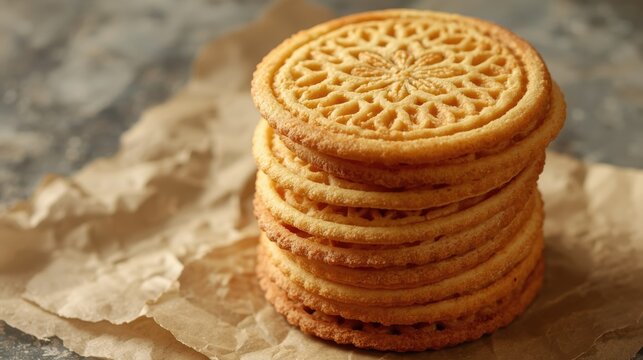 A stack of delicious round sandwich cookies with creamy filling on a rustic wooden board table surface