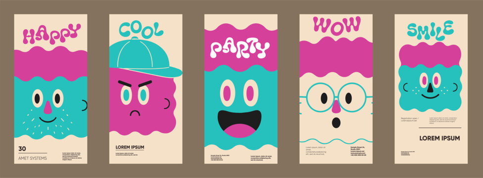 Colorful abstract characters with playful expressions are featured in this modern illustration. Each character displays unique emotions, creating a lively and engaging visual.
