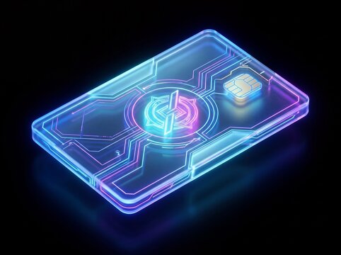 Cybersecurity ID Card Template with Glowing Neon Lines and Hardware Microchip Processor
