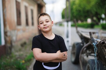 Obraz premium A cheerful boy stands with crossed arms on a peaceful village street. Warm sunlight bathes the scene as an old cart rests nearby, showcasing the calm rural life