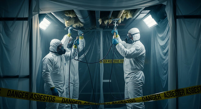 Professional hazardous material removal team performing asbestos abatement in a basement using full PPE and containment for safe remediation of toxic insulation