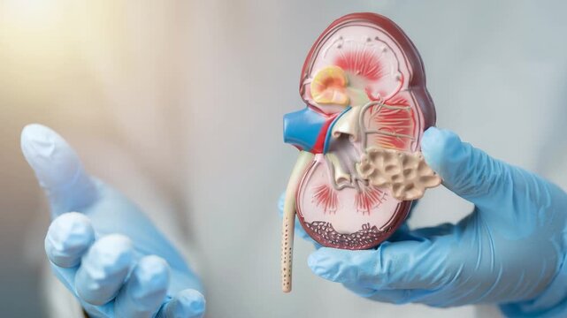 Medical expert demonstrating detailed kidney model with blue gloves in health education video