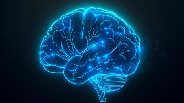 Glowing digital brain with vibrant neural activity pulsating electric energy animation