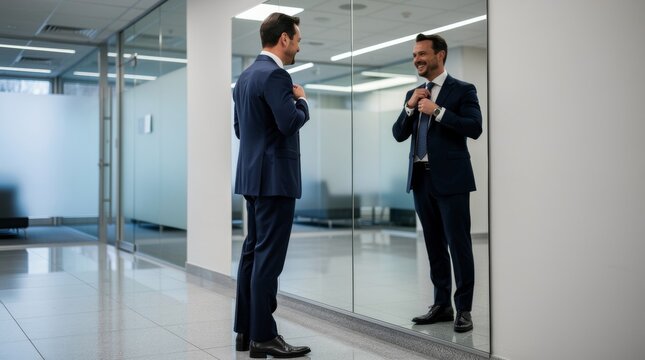 Businessman Adjusts Tie While Checking Reflection in Office Mirror