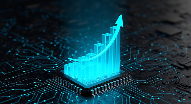 Digital growth statistics graph glowing on electronic circuit board background with statistics technology business analysis electronic innovation performance corporate marketing management