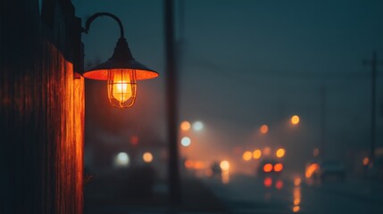 Fototapeta premium Vintage street lamp illuminating a rainy evening with blurred city lights and a moody atmosphere, creating a nostalgic urban scene