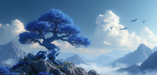 Obraz premium Surreal blue bonsai tree on rocky mountain top. Birds fly in cloudy sky over misty blue mountains. Fantasy nature landscape, zen garden aesthetic.