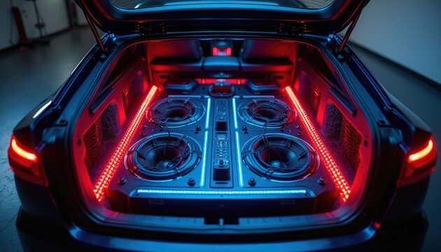 Car trunk with custom audio system featuring four subwoofers and LED accent lights. Powerful bass speakers and amplifier for immersive music experience inside auto interior.