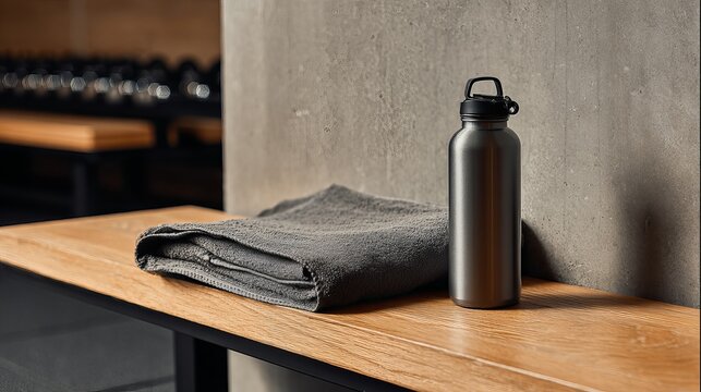 A fitness water bottle and towel on a wooden gym bench with dumbbells in the background