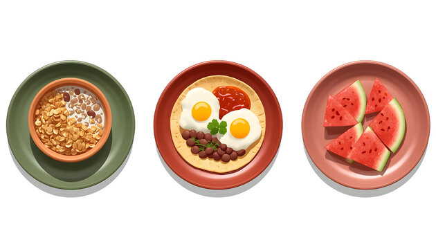 Healthy Breakfast Bowls with Oatmeal, Eggs, and Watermelon on Plates