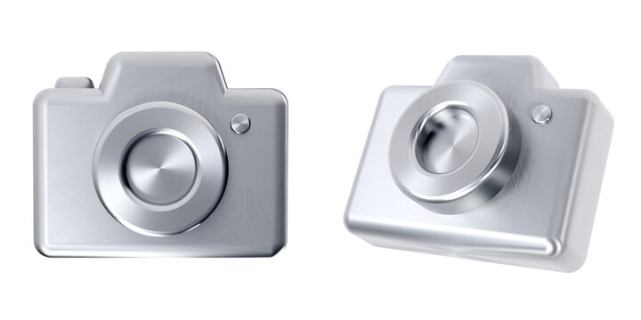 3D Silver Metallic Camera Icon Front and Side View