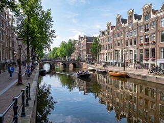 Obraz premium Scenic canal view of Amsterdam with boats and historic architecture reflecting in the water under a clear sky