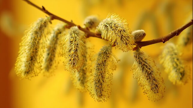 A close-up view of a tree branch with yellow catkins in a warm and vibrant outdoor setting