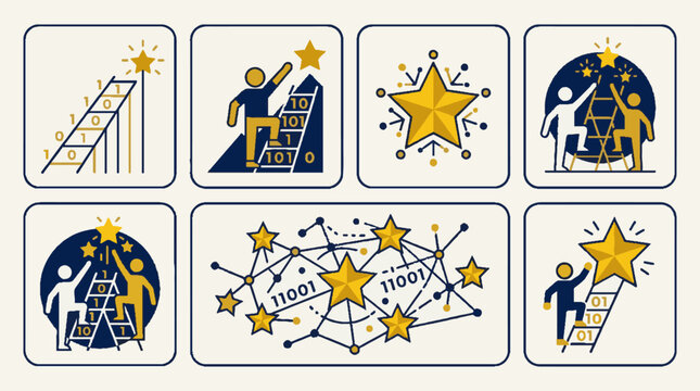 Set of abstract icons featuring success and career growth symbols with binary code and stars.