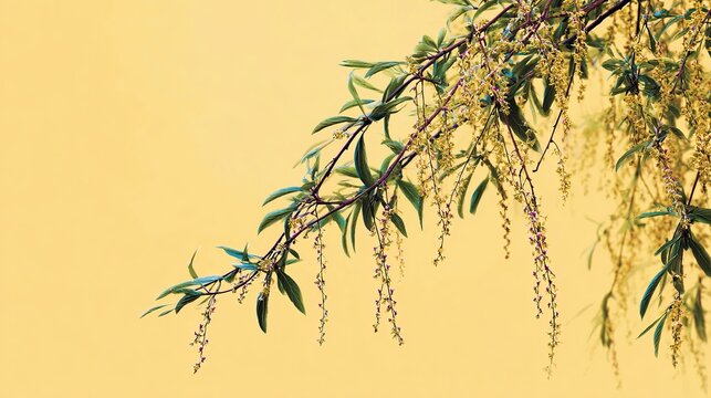 A serene branch of a tree with green leaves and small flowers against a soft yellow background