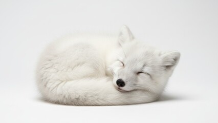 Naklejka premium Sleeping Arctic Fox Curled in Soft White Fur on Clean White Background