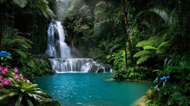 Serene tropical waterfall cascading into crystal clear turquoise pool surrounded by lush greenery