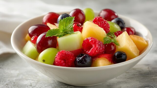 A colorful and vibrant fruit salad in a white bowl on a marble surface