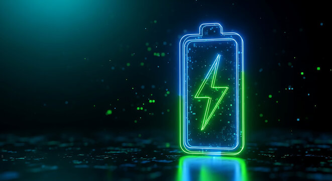 Glowing neon electric battery symbol representing energy and power with electric lightning technology abstract innovation electricity capacity