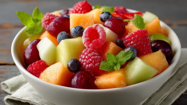 A vibrant and colorful fruit salad in a white bowl on a rustic wooden table