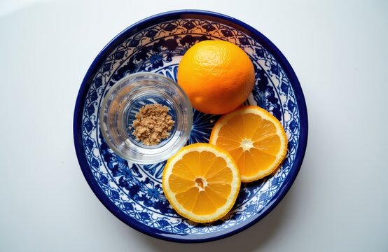 Orange slices whole orange and brown salt in glass on blue patterned plate. Fresh citrus fruit and seasoning ready for drink prep. Bright overhead shot.