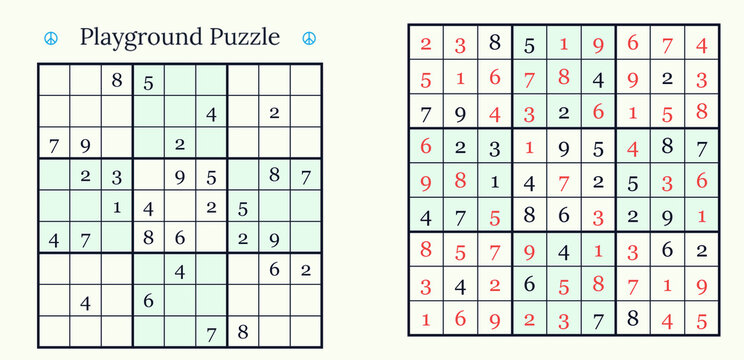 Sudoku puzzle with solved and unsolved grids, mental exercise, white background