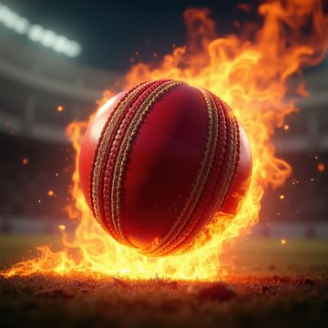 Fiery red cricket ball ablaze on green field at stadium. Intense game action captured with dramatic flames and smoke, symbolizing powerful competition and extreme sport.