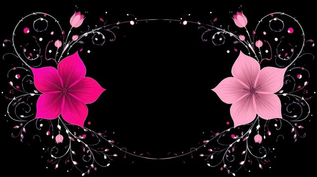 Beautiful pink flowers with elegant swirling floral vines and decorative ornaments on black background