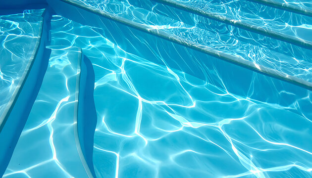 Clear blue swimming pool water with sunlit surface ripples and underwater steps, refreshing summer relaxation