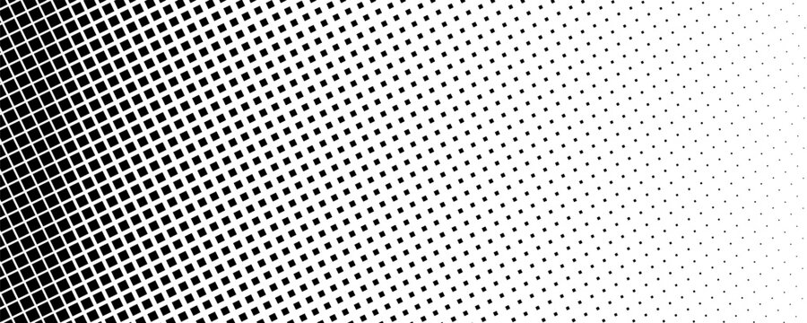 Check halftone texture background. Diamond dot faded gradation wallpaper. Black and white squared pixels. Abstract glitchy 8 bit video game backdrop. Vector comic bitmap dither screen tone overlay