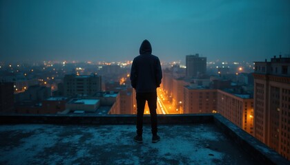 Fototapeta premium Person in hood stands on rooftop at night overlooking city lights. Urban exploration mood with a sense of solitude and contemplation. Gloomy atmosphere.