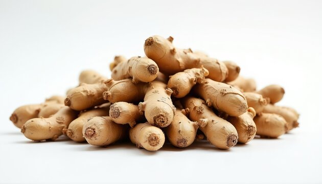 Heap of dried ginger root on white background. Natural plant spice used in cooking wellness medicine for health. Organic food ingredient fresh root.