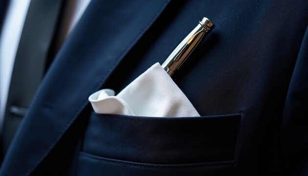 Close up of a silver pen and white pocket square in a dark navy suit jacket. A symbol of formality and professional success. Detail on elegant men formal wear.