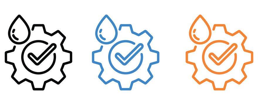 water drop with gear and check mark icon set, water treatment system efficiency, filtration quality assurance, or industrial fluid processing approval symbol. vector illustration for environmental tec